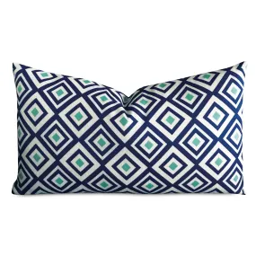 Blue Teal Diamond Geometric Luxury Lumbar Pillow Cover 15x26