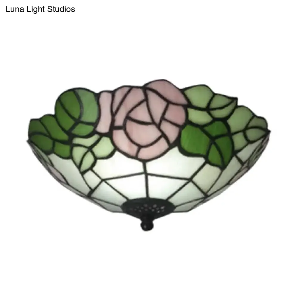 Bowl Flush Rustic Loft Stained Glass Ceiling Light with Rose Pattern in Pink/White