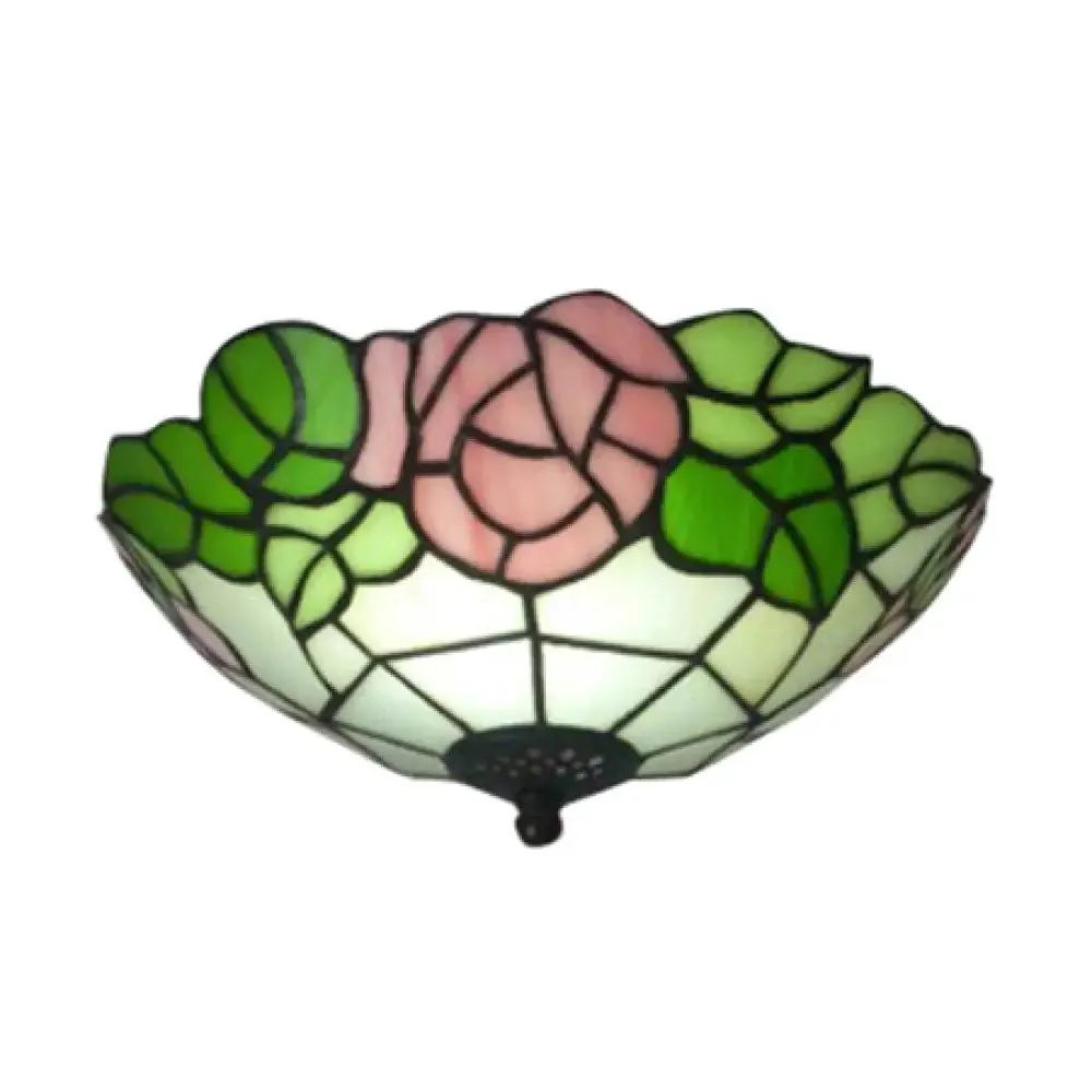 Bowl Flush Rustic Loft Stained Glass Ceiling Light with Rose Pattern in Pink/White