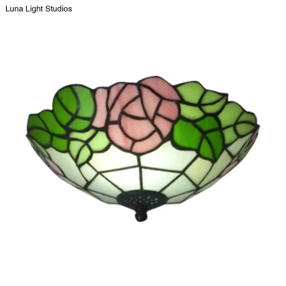 Bowl Flush Rustic Loft Stained Glass Ceiling Light with Rose Pattern in Pink/White