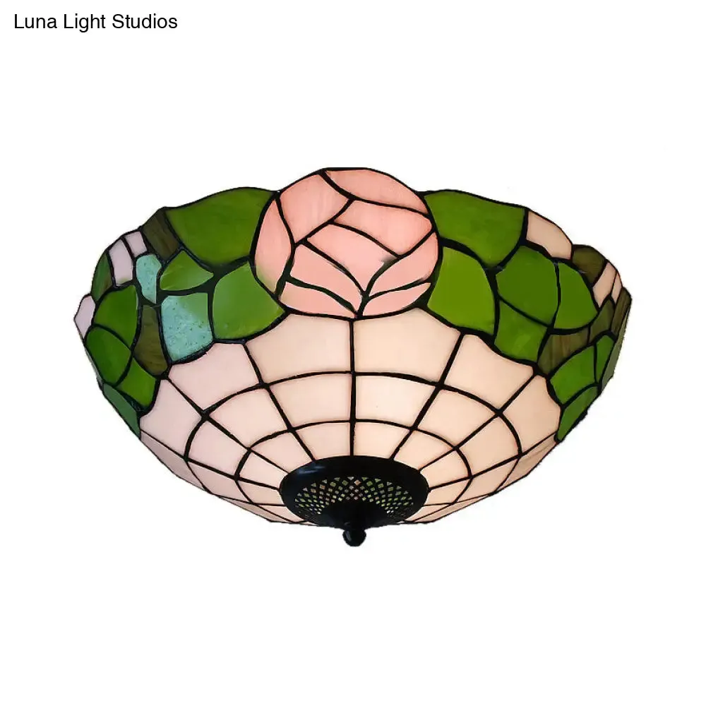 Bowl Flush Rustic Loft Stained Glass Ceiling Light with Rose Pattern in Pink/White