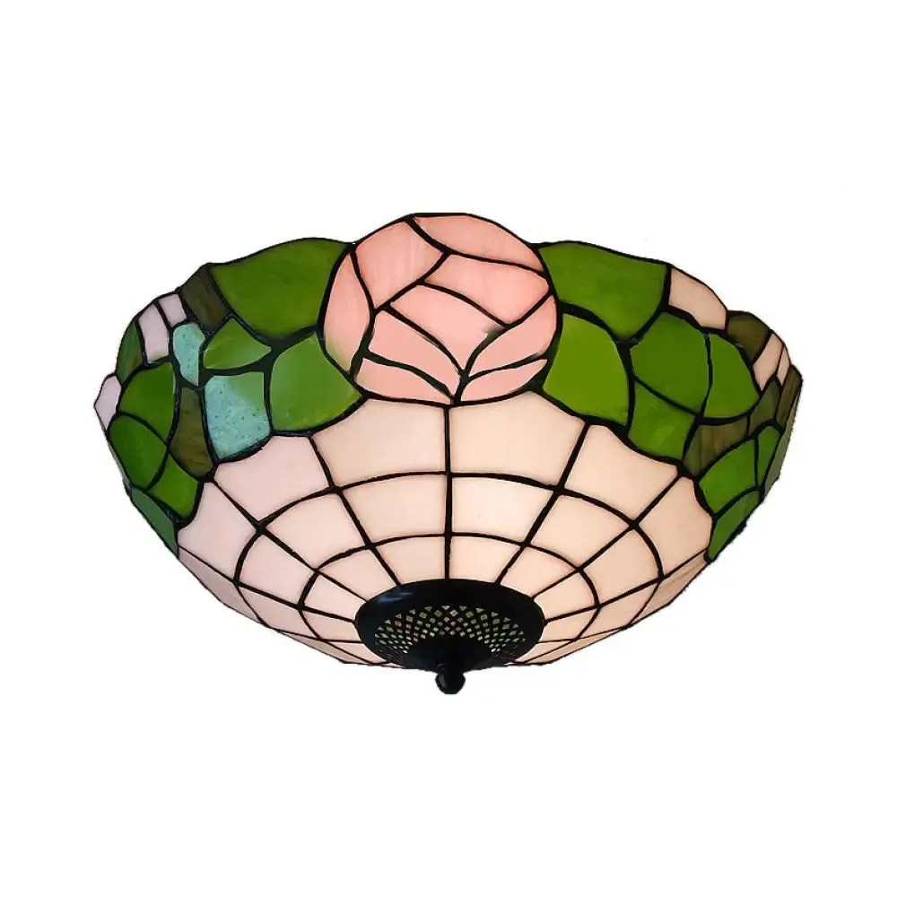 Bowl Flush Rustic Loft Stained Glass Ceiling Light with Rose Pattern in Pink/White