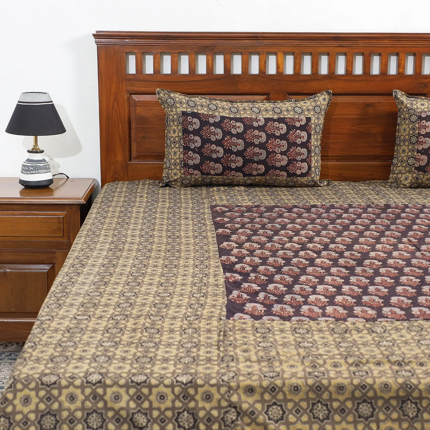 Brown - Ajrakh Patch Tukdi Kaam Cotton Double Bed Cover with Pillow Covers (109 x 86 in)