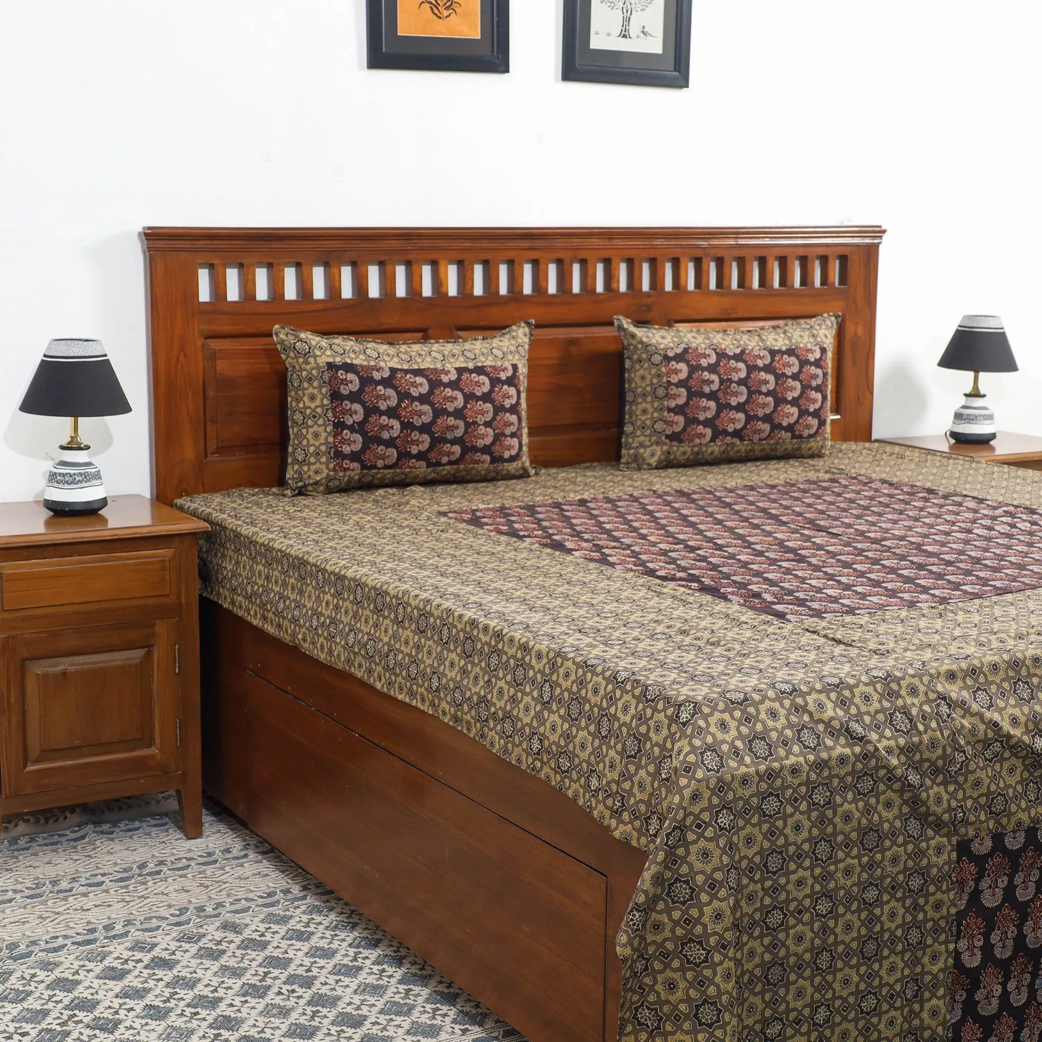 Brown - Ajrakh Patch Tukdi Kaam Cotton Double Bed Cover with Pillow Covers (109 x 86 in)