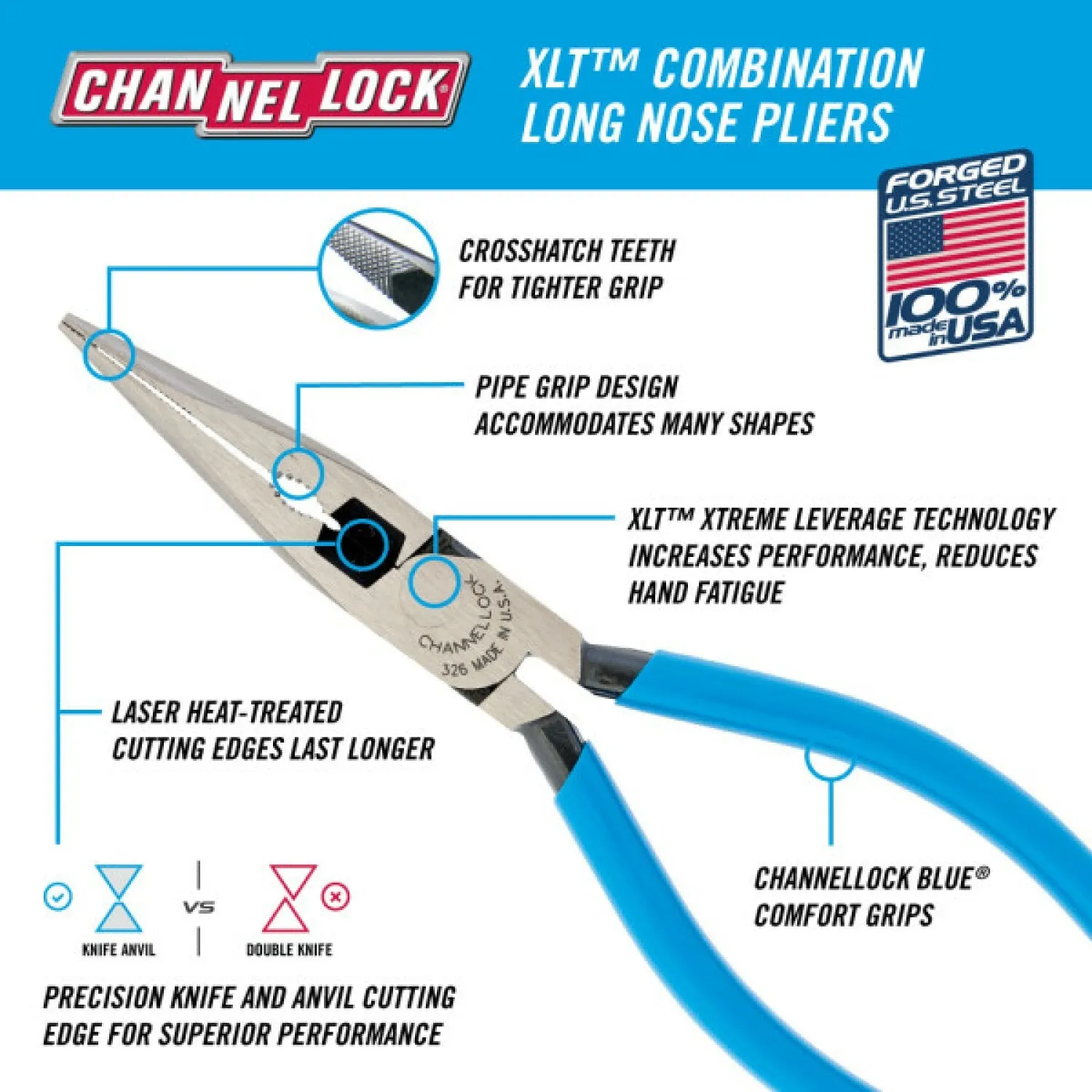 Channellock 326 6-Inch XLT Combination Long Nose Pliers with Cutter