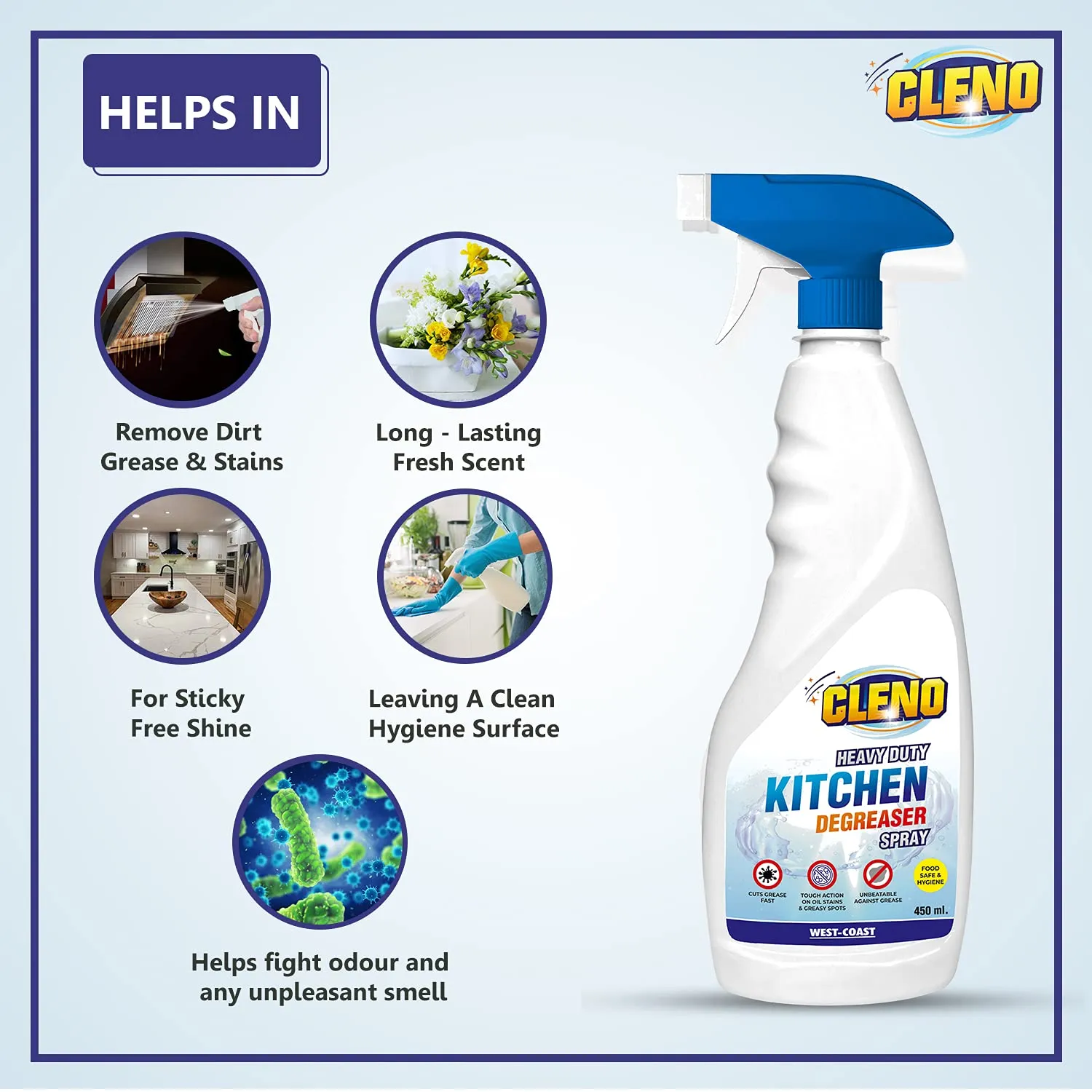 Cleno Heavy Duty Kitchen Degreaser Cleaner Spray Removes Oil Grease from Food Stains/Chimney Stove Grill/Kitchen Slab/Oven/Exhaust Fan - 450 ml (Pack of 50)