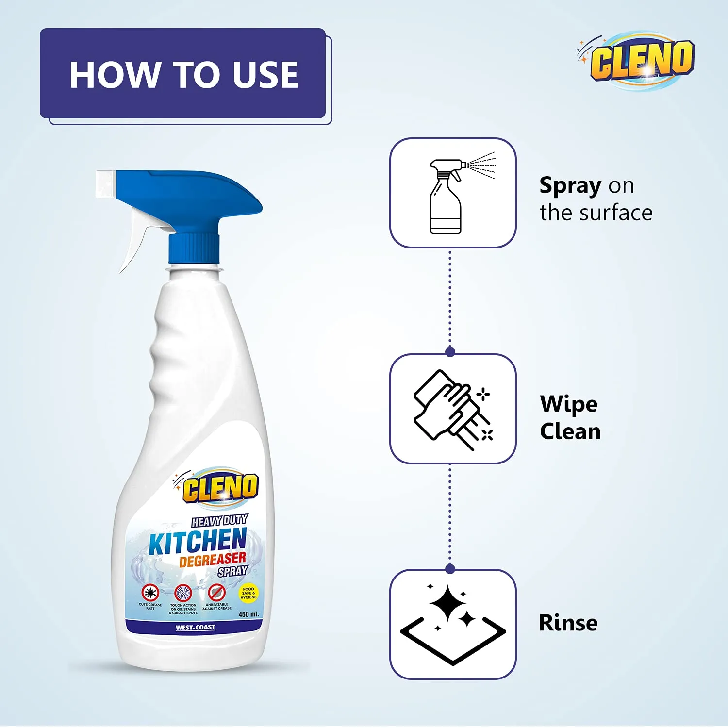 Cleno Heavy Duty Kitchen Degreaser Cleaner Spray Removes Oil Grease from Food Stains/Chimney Stove Grill/Kitchen Slab/Oven/Exhaust Fan - 450 ml (Pack of 50)