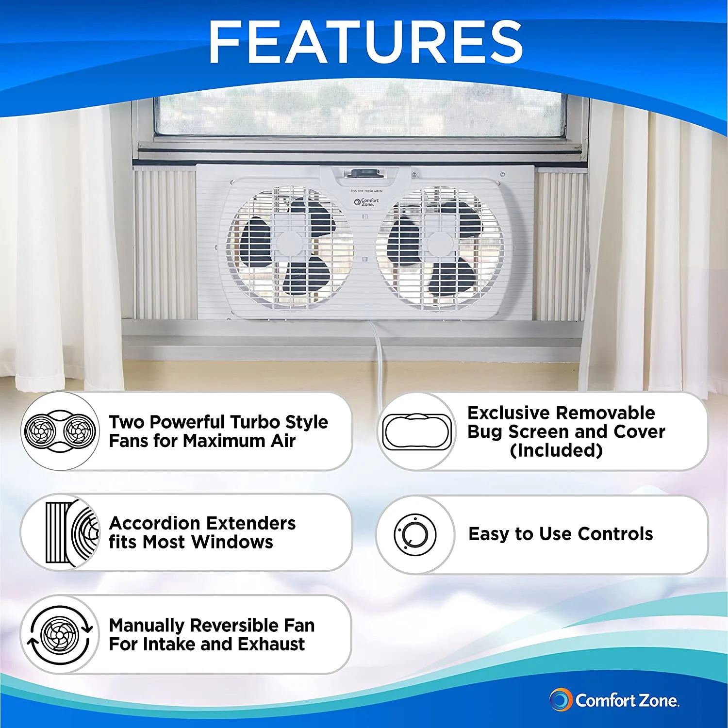 Comfort Zone Twin Window Fan with Reversible Airflow, 7 Inch Blade, White