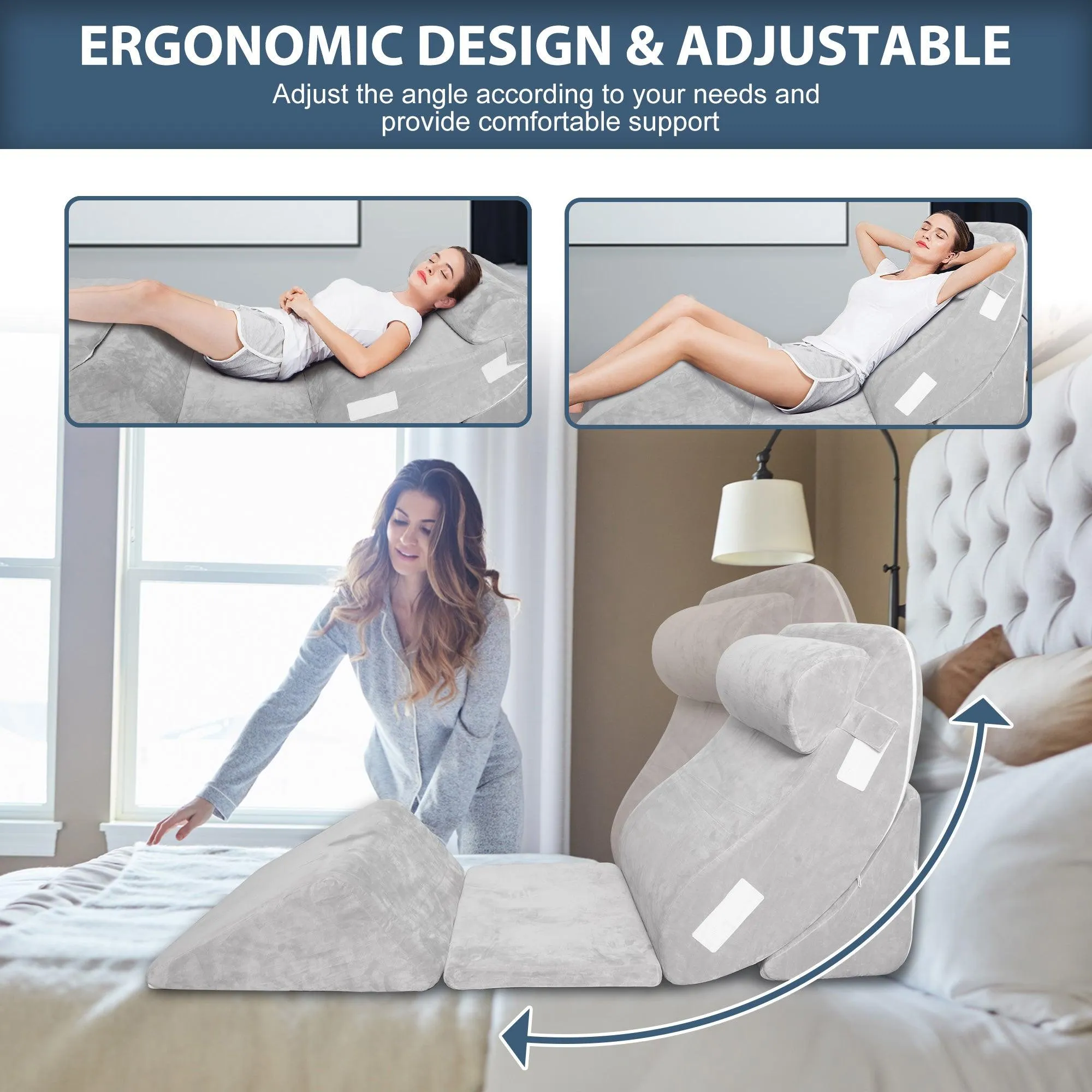 Complete Orthopedic Bed Wedge Pillow Set - 6PCS for Sleeping, Post Surgery Recovery, Back & Leg Pain Relief, Acid Reflux, GERD