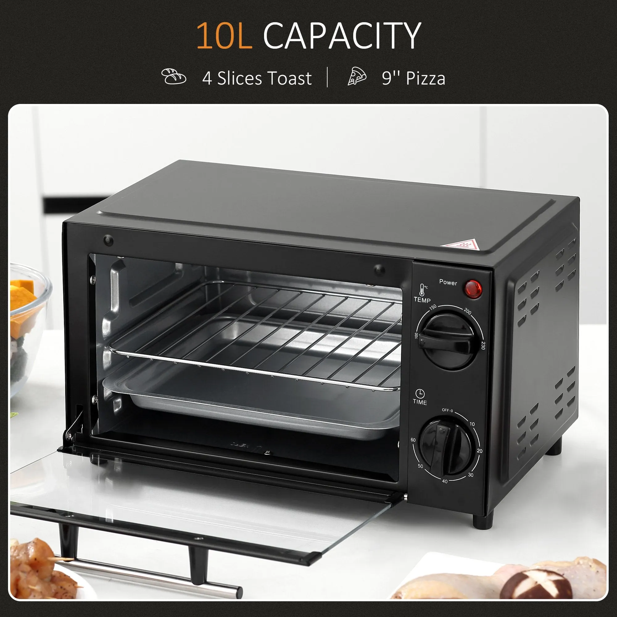 Convection Mini Oven, 9L Countertop Electric Grill, Toaster Oven with Adjustable Temperature, Timer, Baking Tray and Wire Rack, 750W