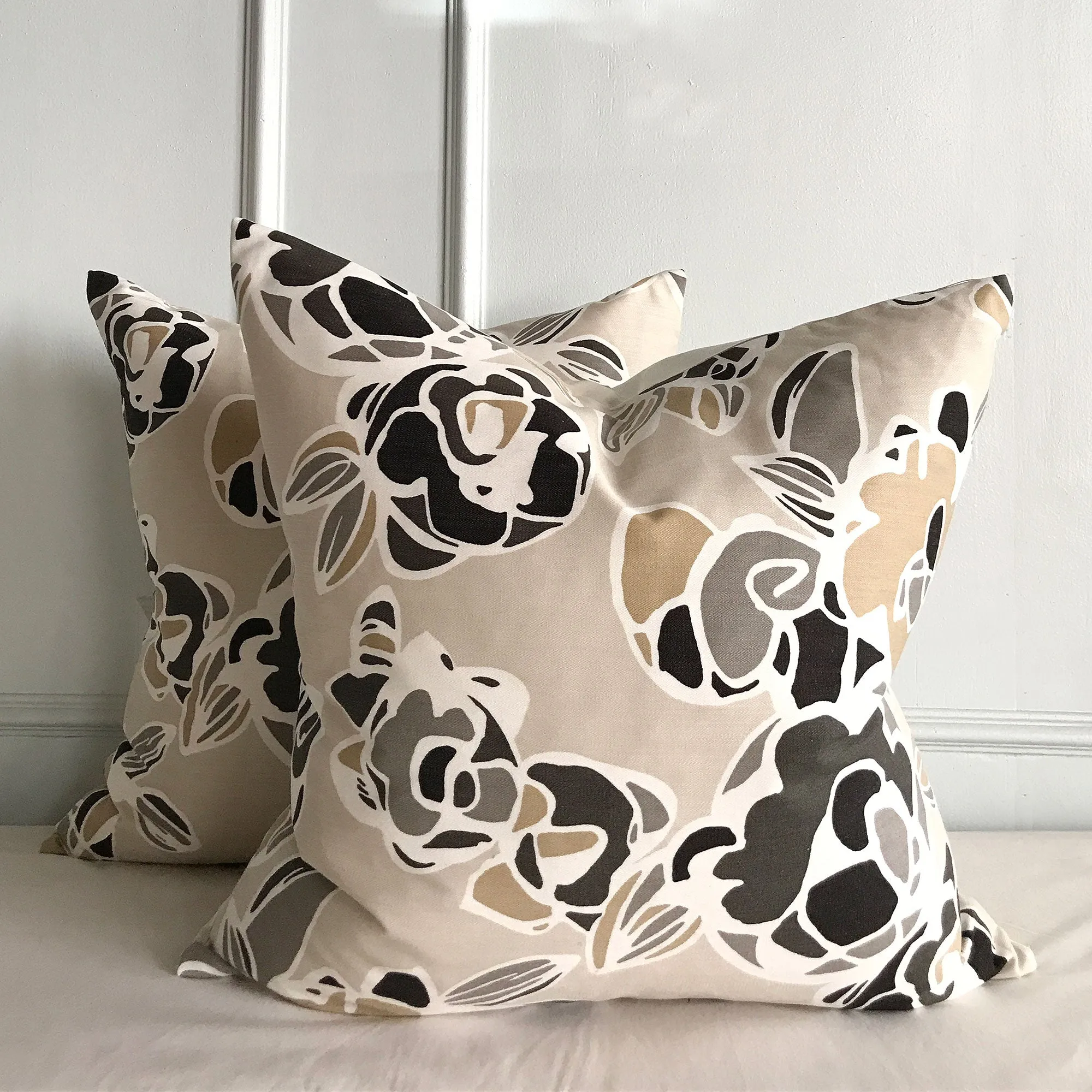 Cream and Taupe Abstract Floral Decorative Pillow Cover