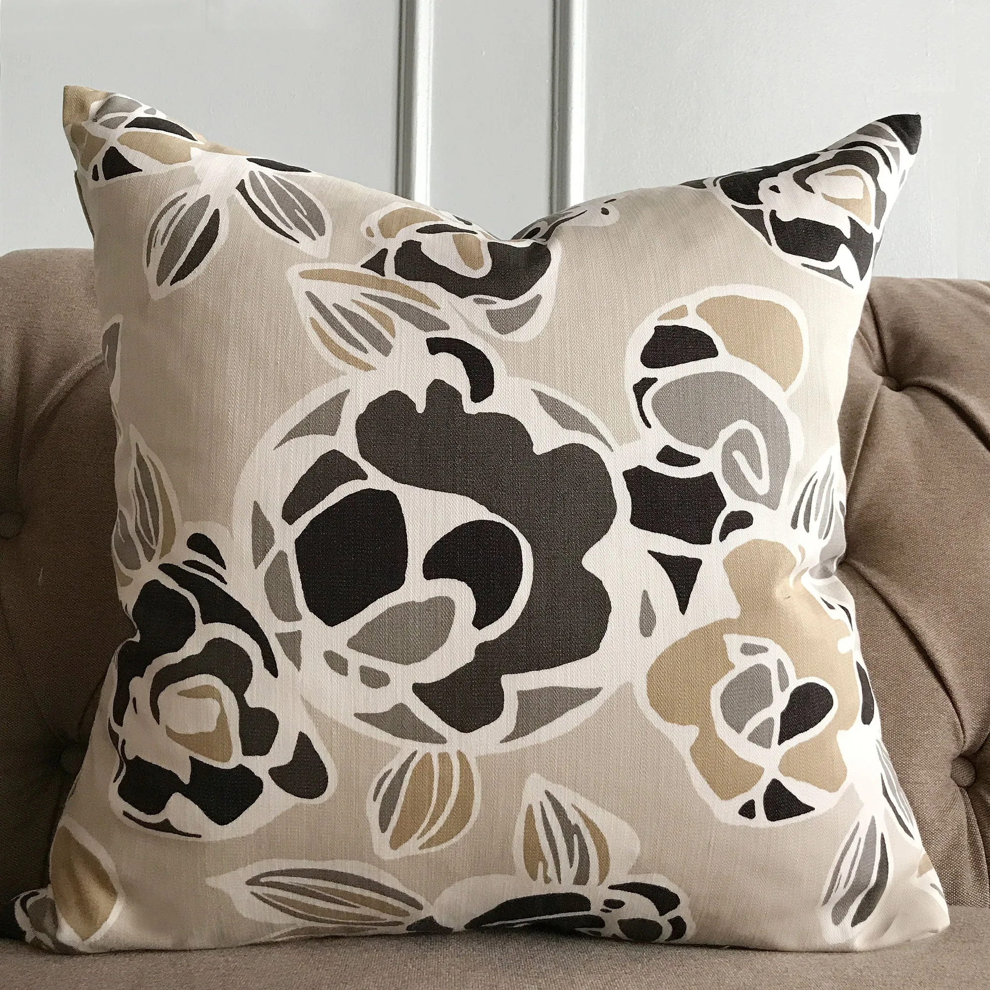 Cream and Taupe Abstract Floral Decorative Pillow Cover