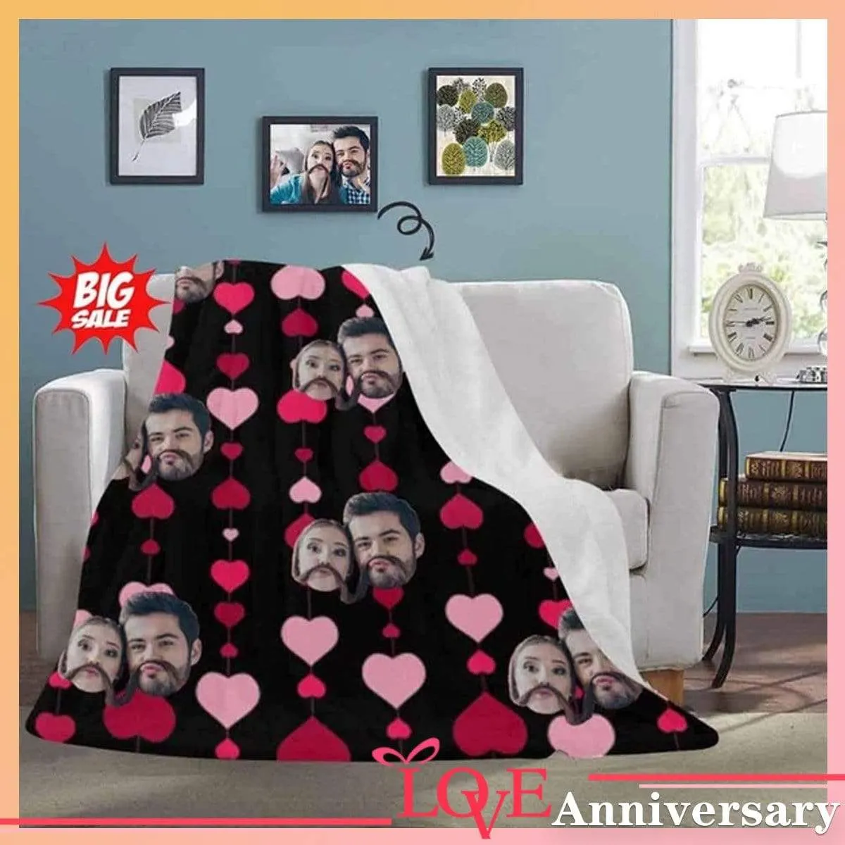 Custom Couple Face Love Heart Ultra-Soft Micro Fleece Blanket