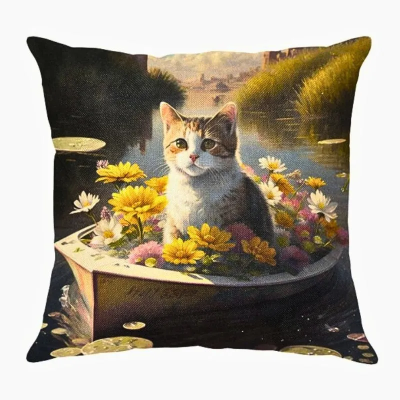 Cute Cat On Boat Linen Zippered Pillowcase 18" x 18"(Two Sides)