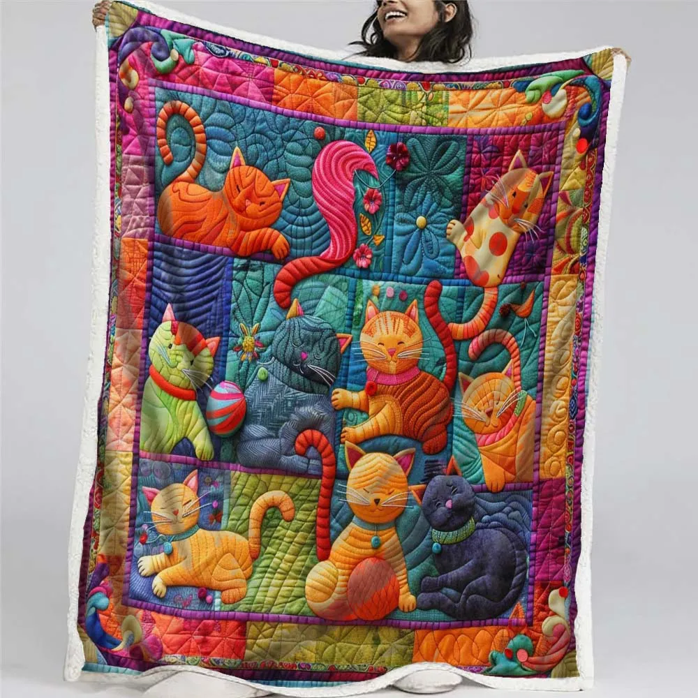 Cute Cats And Colorful Yarns Blanket- D201 - Premium Blanket