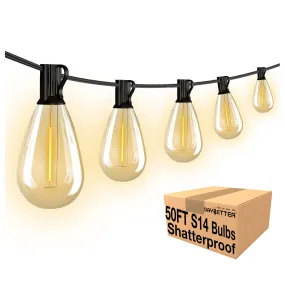 DAYBETTER Outdoor String Lights 50ft, S14 LED Patio Lights with 12 Edison Vintage Bulbs, Connectable Outdoor String Lights for Porch Backyard Bistro, IP65 Waterproof & Shatterproof