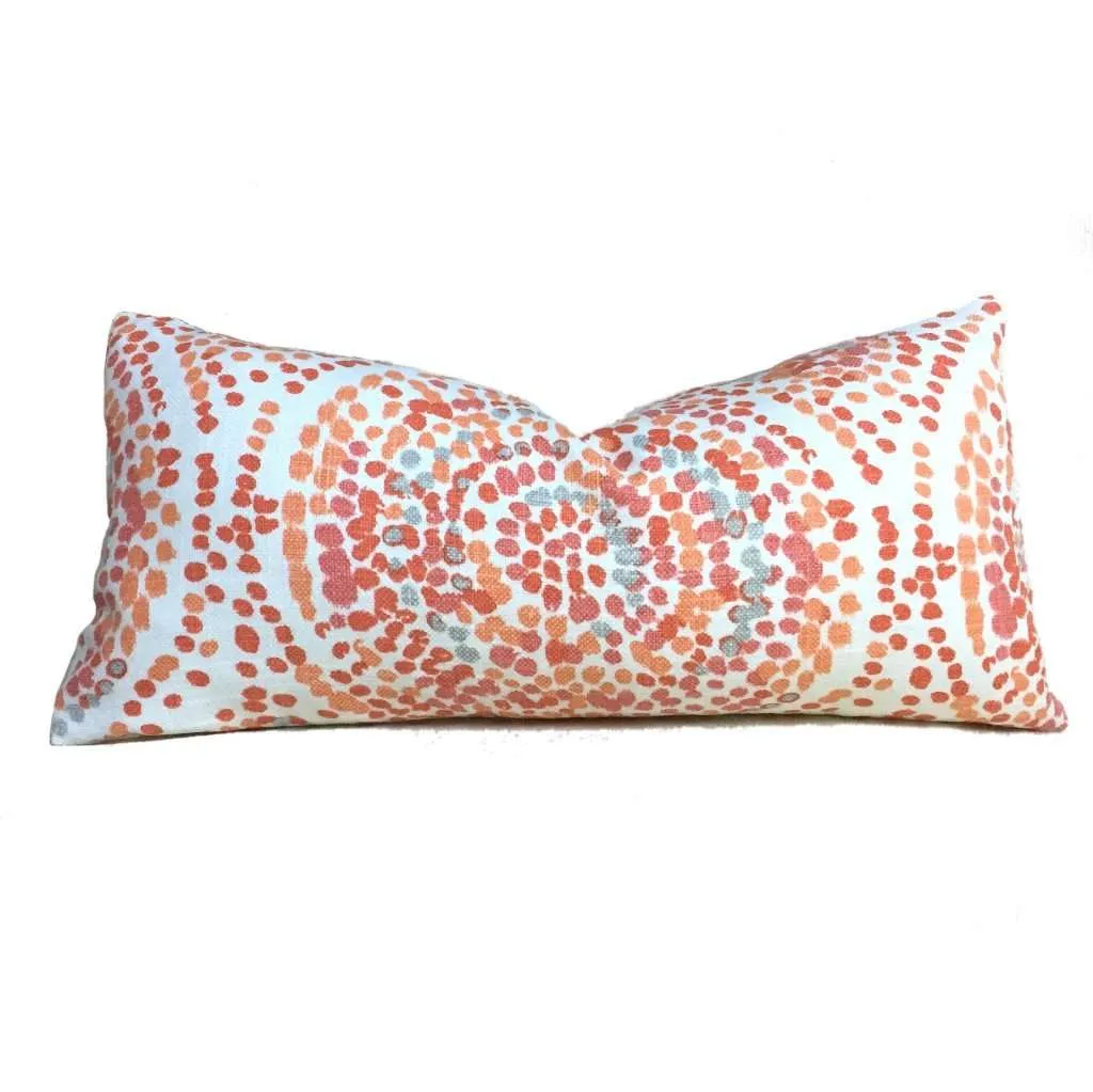 Designer Modern Pointillist Mosaic Medallion Orange Coral Gray White Pillow Cover