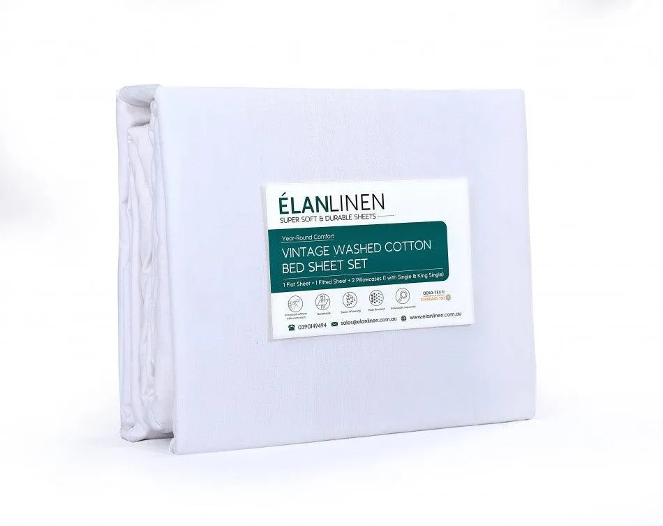 Elan Linen 100% Egyptian Cotton Vintage Washed 500TC White Queen Bed Sheets Set