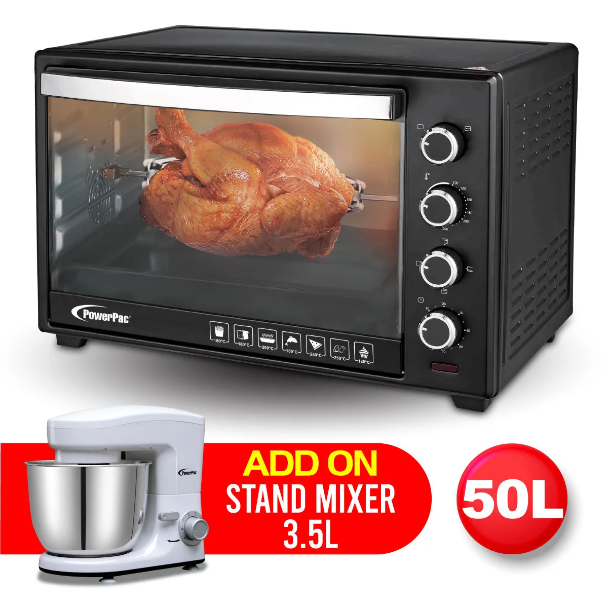 Electric Oven 50L with Rotisserie & Convection Functions, 2 Trays & Wire Mesh (PPT45)