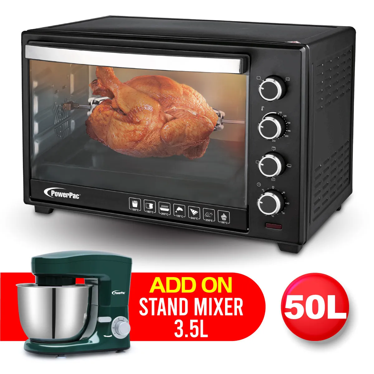 Electric Oven 50L with Rotisserie & Convection Functions, 2 Trays & Wire Mesh (PPT45)