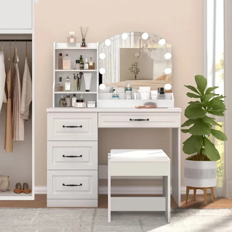 Elegant White Vanity Desk with Mirror, Storage & Drawers | Perfect Makeup Station