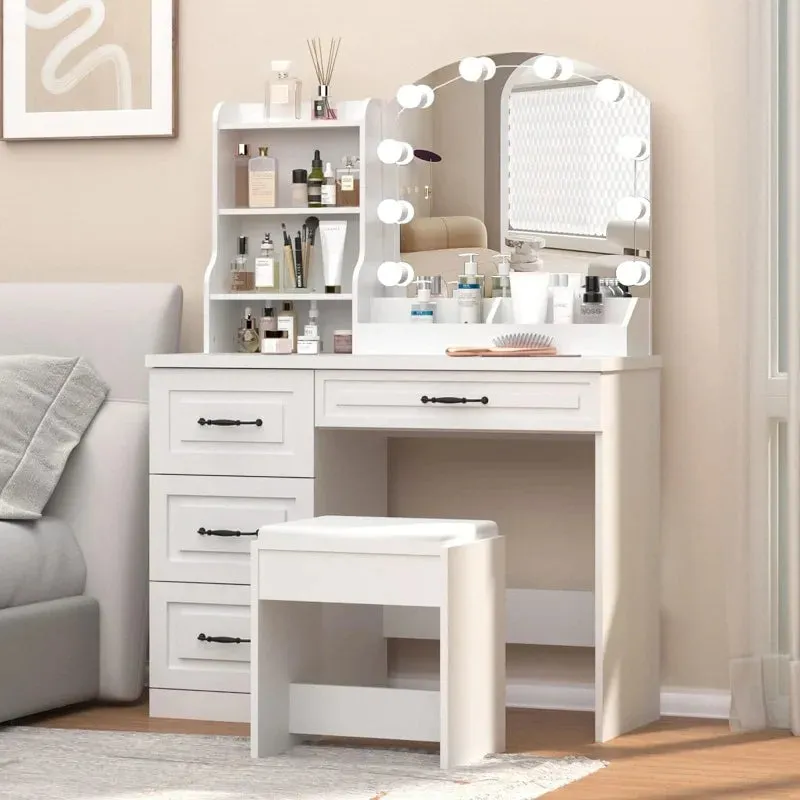 Elegant White Vanity Desk with Mirror, Storage & Drawers | Perfect Makeup Station