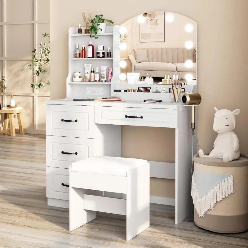 Elegant White Vanity Desk with Mirror, Storage & Drawers | Perfect Makeup Station