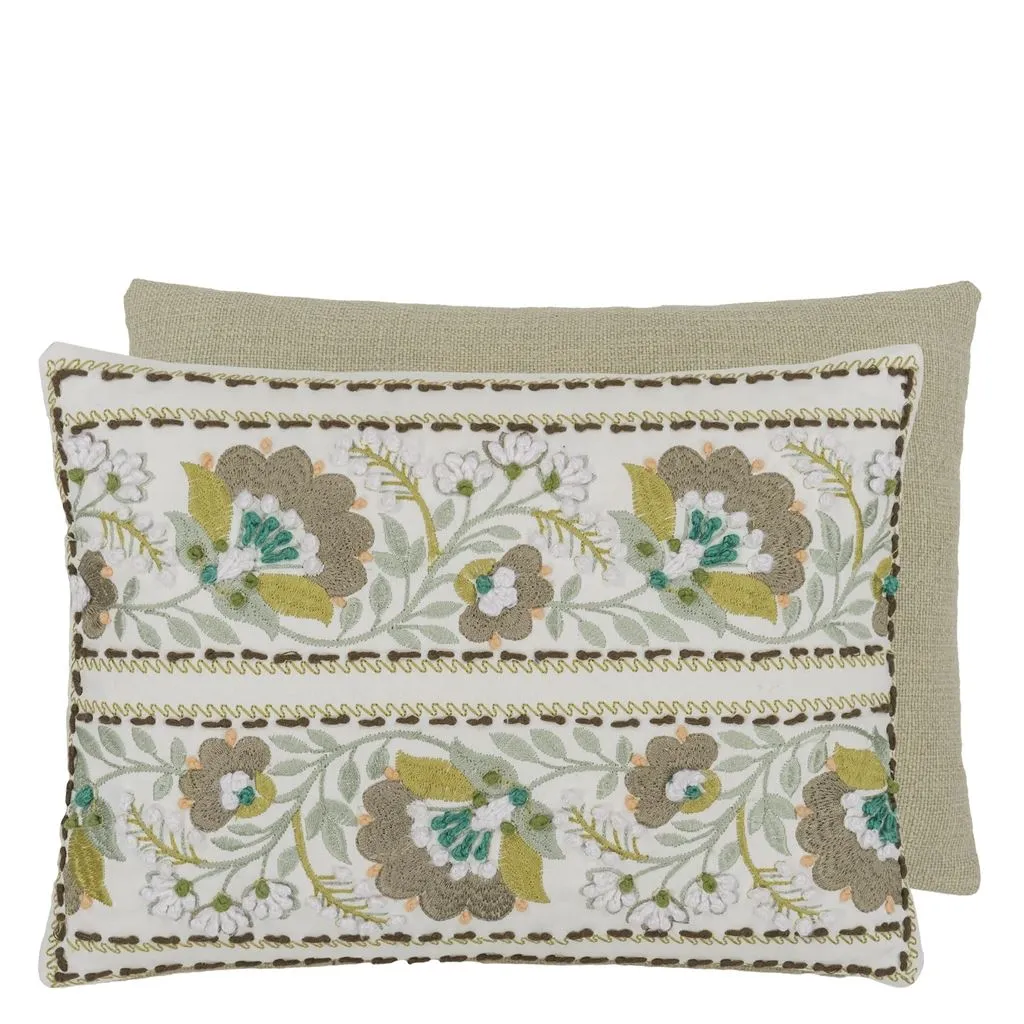 Enamel Flower Celadon Cotton Throw Pillow by Designers Guild