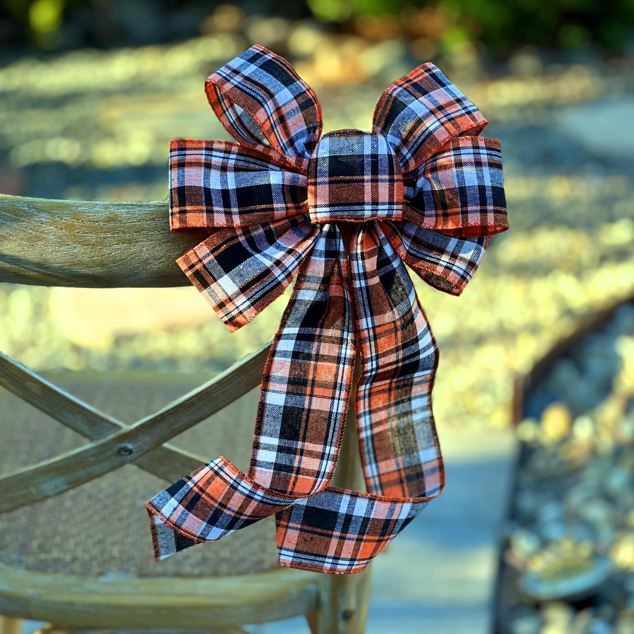 Fall Plaid Door Wreath Bow - 10" Wide, 18" Long Pre-Tied Bow, Orange, Beige, Black