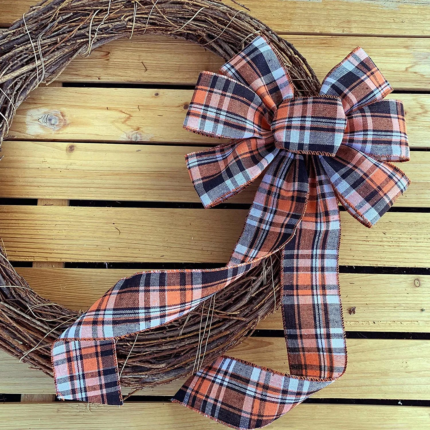 Fall Plaid Door Wreath Bow - 10" Wide, 18" Long Pre-Tied Bow, Orange, Beige, Black