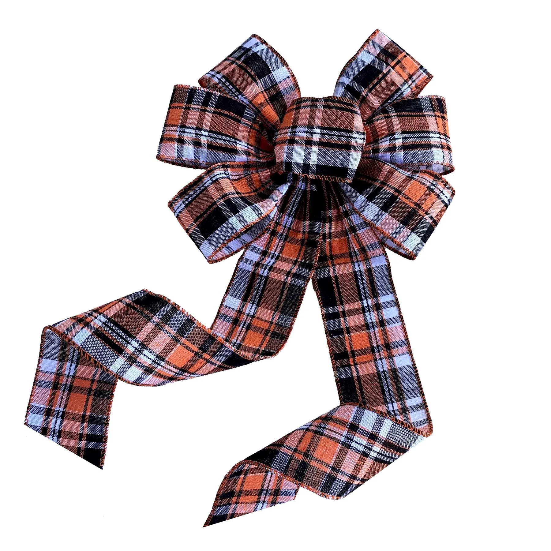 Fall Plaid Door Wreath Bow - 10" Wide, 18" Long Pre-Tied Bow, Orange, Beige, Black