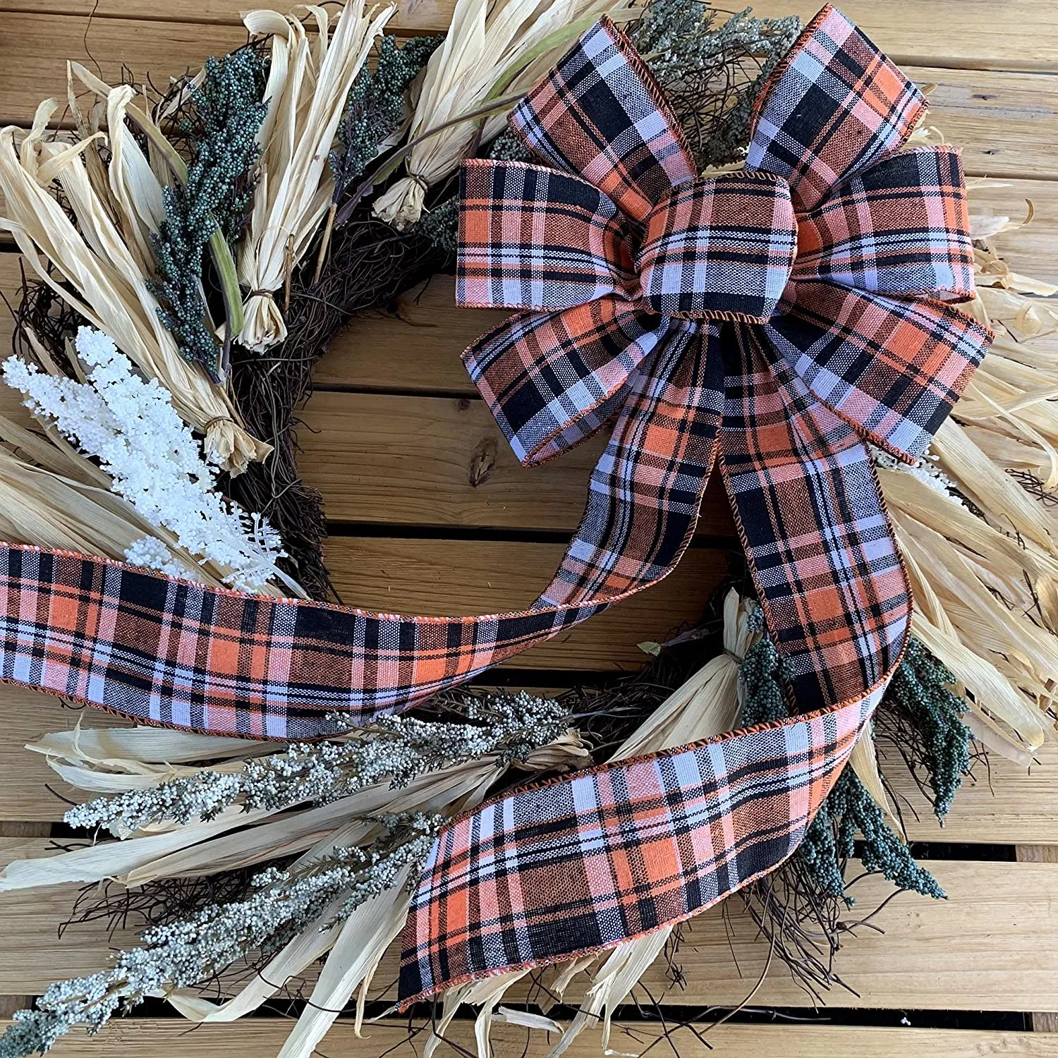 Fall Plaid Door Wreath Bow - 10" Wide, 18" Long Pre-Tied Bow, Orange, Beige, Black