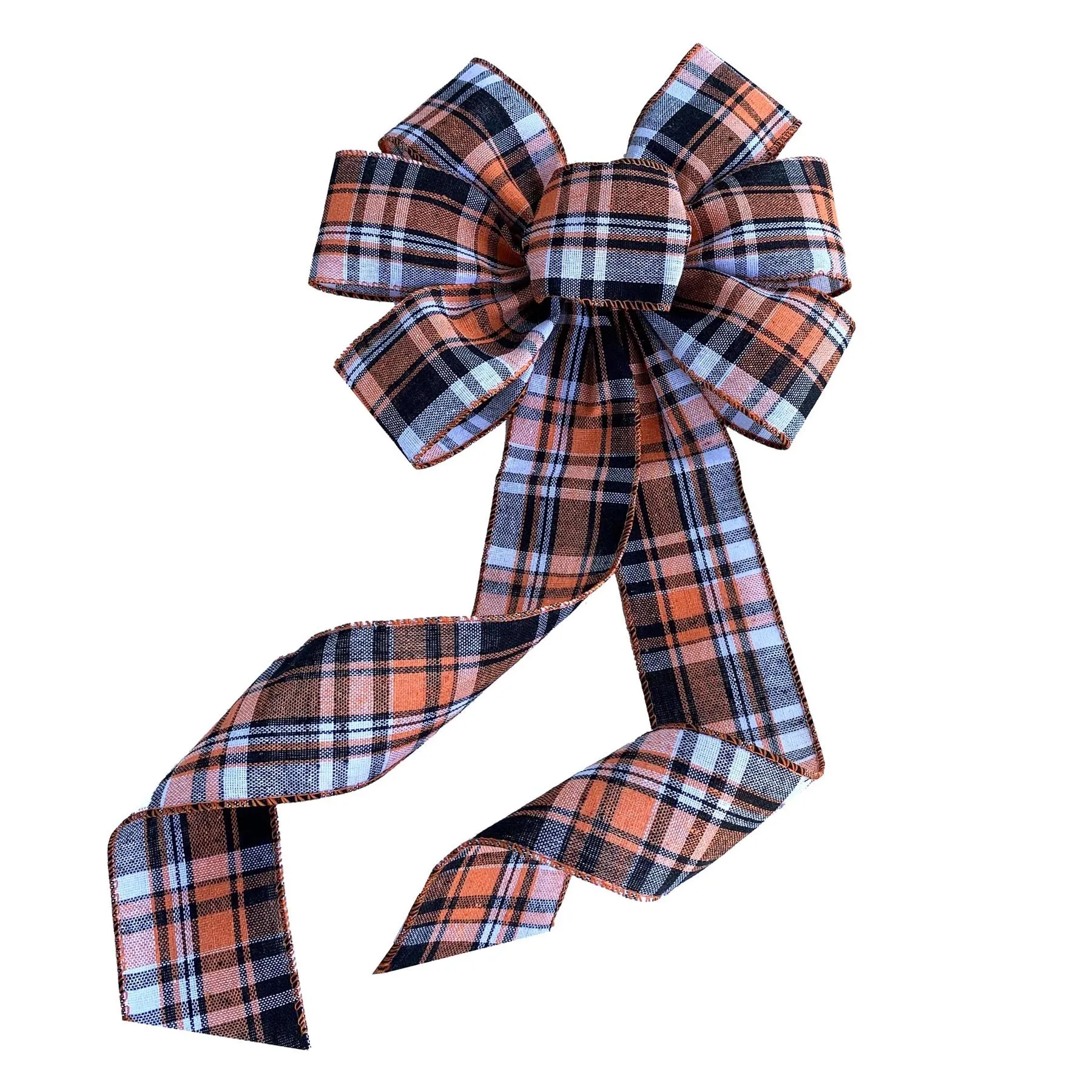 Fall Plaid Door Wreath Bow - 10" Wide, 18" Long Pre-Tied Bow, Orange, Beige, Black