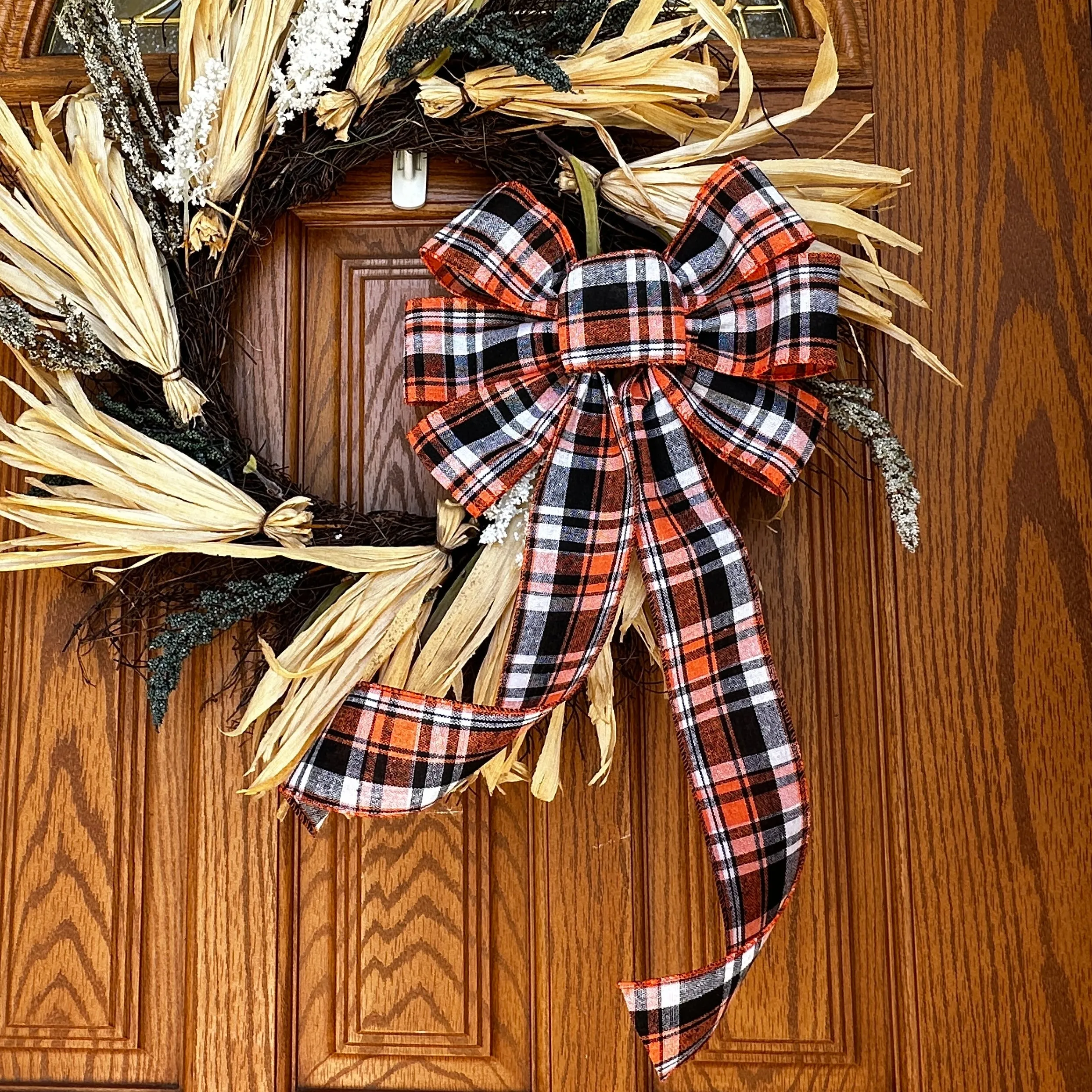 Fall Plaid Door Wreath Bow - 10" Wide, 18" Long Pre-Tied Bow, Orange, Beige, Black