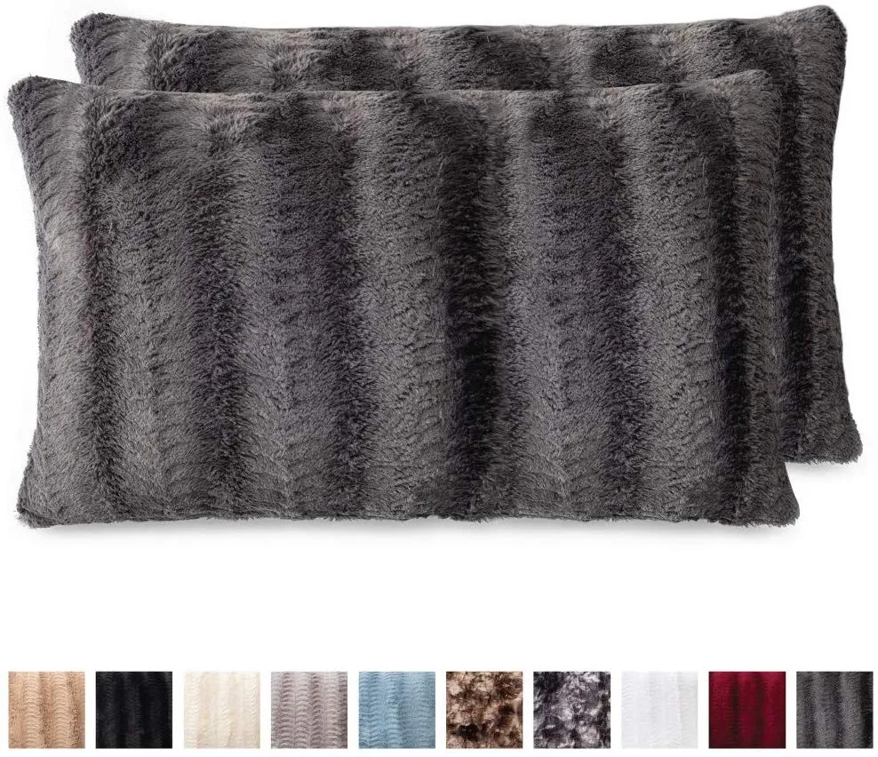 Faux Fur Pillowcases, Set of 2 Decorative Case Sets-12x20