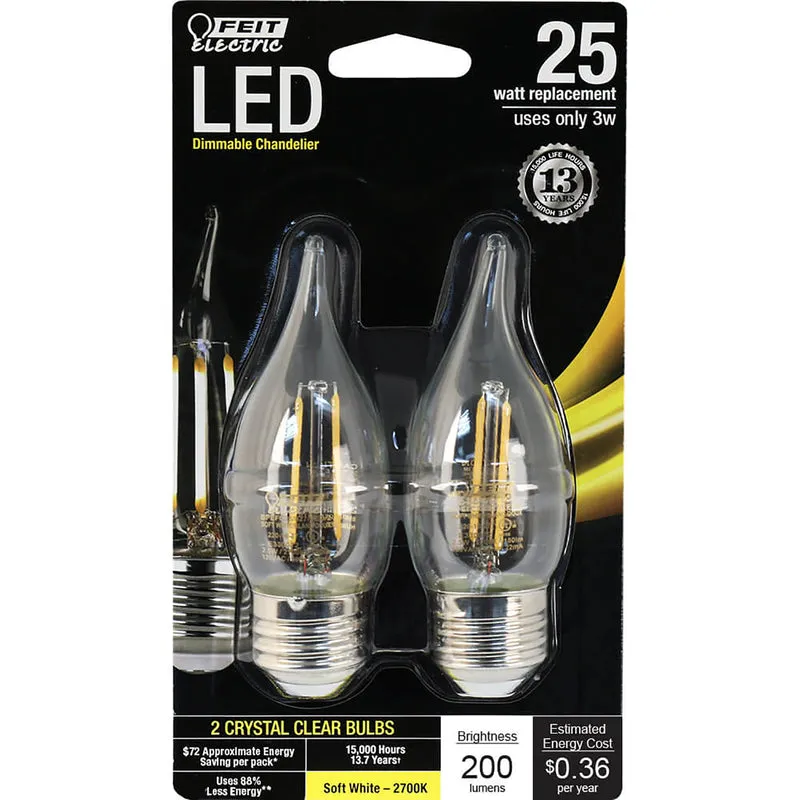 Feit CA10 (Flame Tip) E26 (Medium) LED Bulb Soft White 25 Watt Equivalence 2 pk