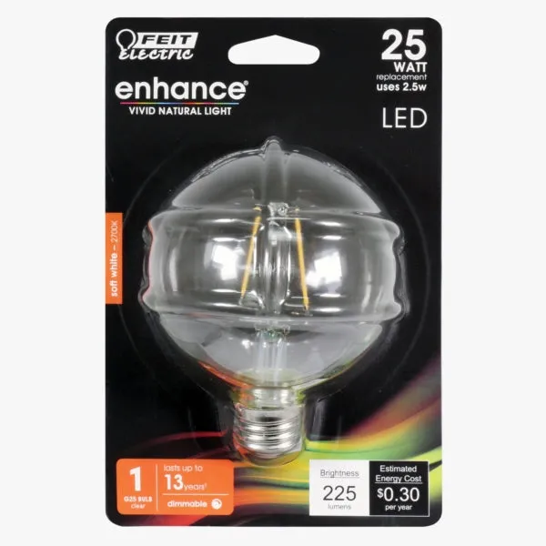 Feit Electric BPG2525/927CA/FIL LED Bulb, Globe, G25 Lamp, 25 W Equivalent, E26 Lamp Base, Dimmable, Clear