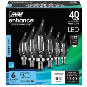 Feit Enhance CA10 (Flame Tip) E12 (Candelabra) Filament LED Bulb Daylight 40 Watt Equivalence 6 pk