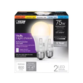 Feit LED A19 E26 (Medium) LED Bulb Tunable White/Color Changing 75 Watt Equivalence 2 pk