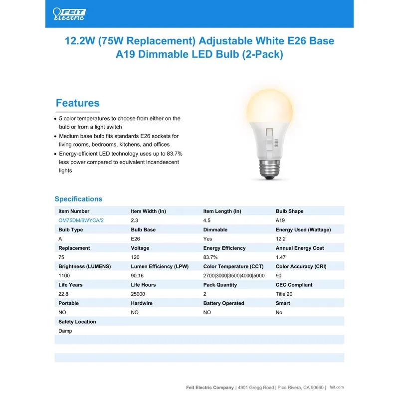 Feit LED A19 E26 (Medium) LED Bulb Tunable White/Color Changing 75 Watt Equivalence 2 pk