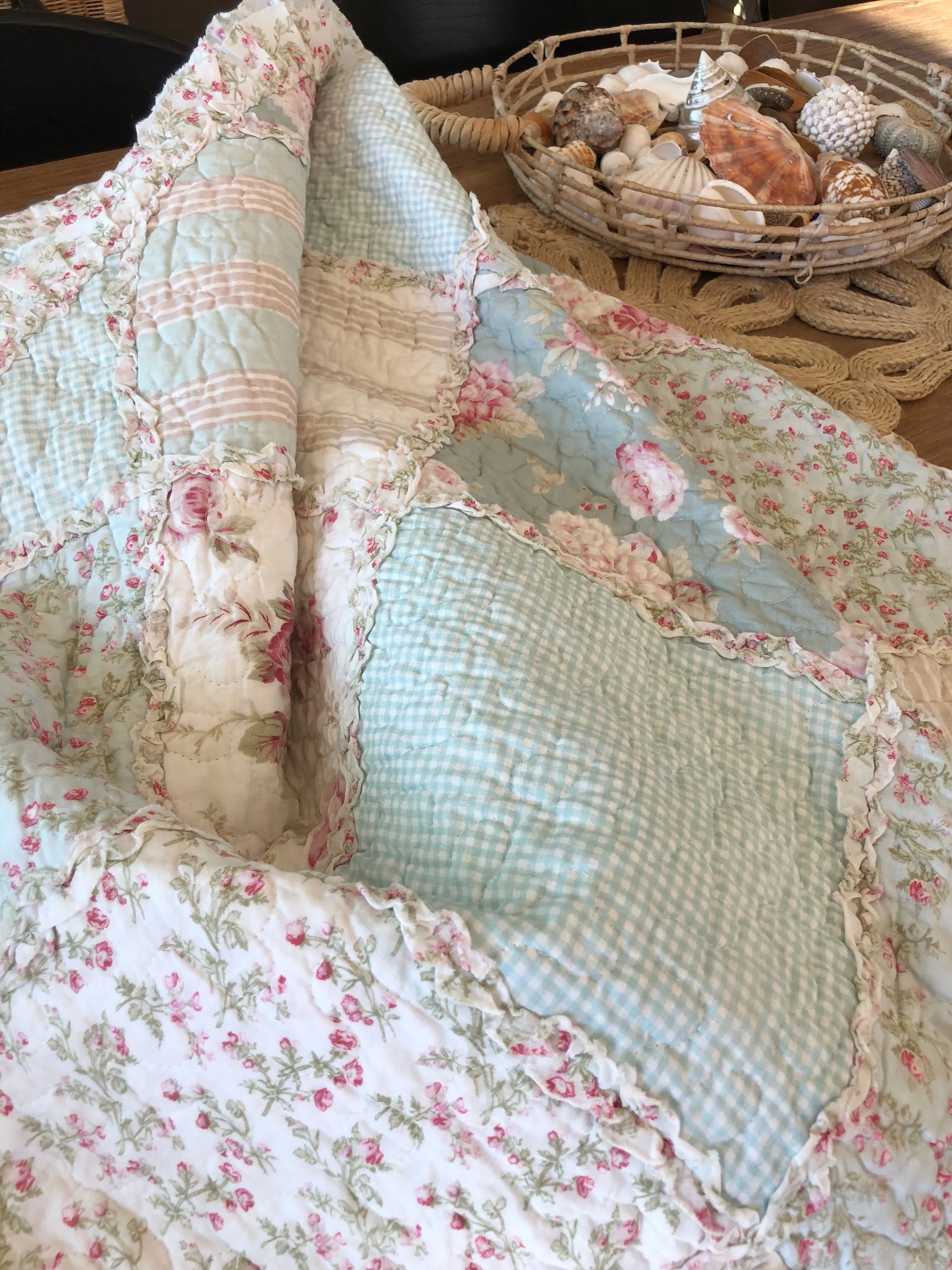 Floral Patchwork Country Charm Rose Ruffle Quilted Coverlet Bedcover Set Available in 4 Sizes