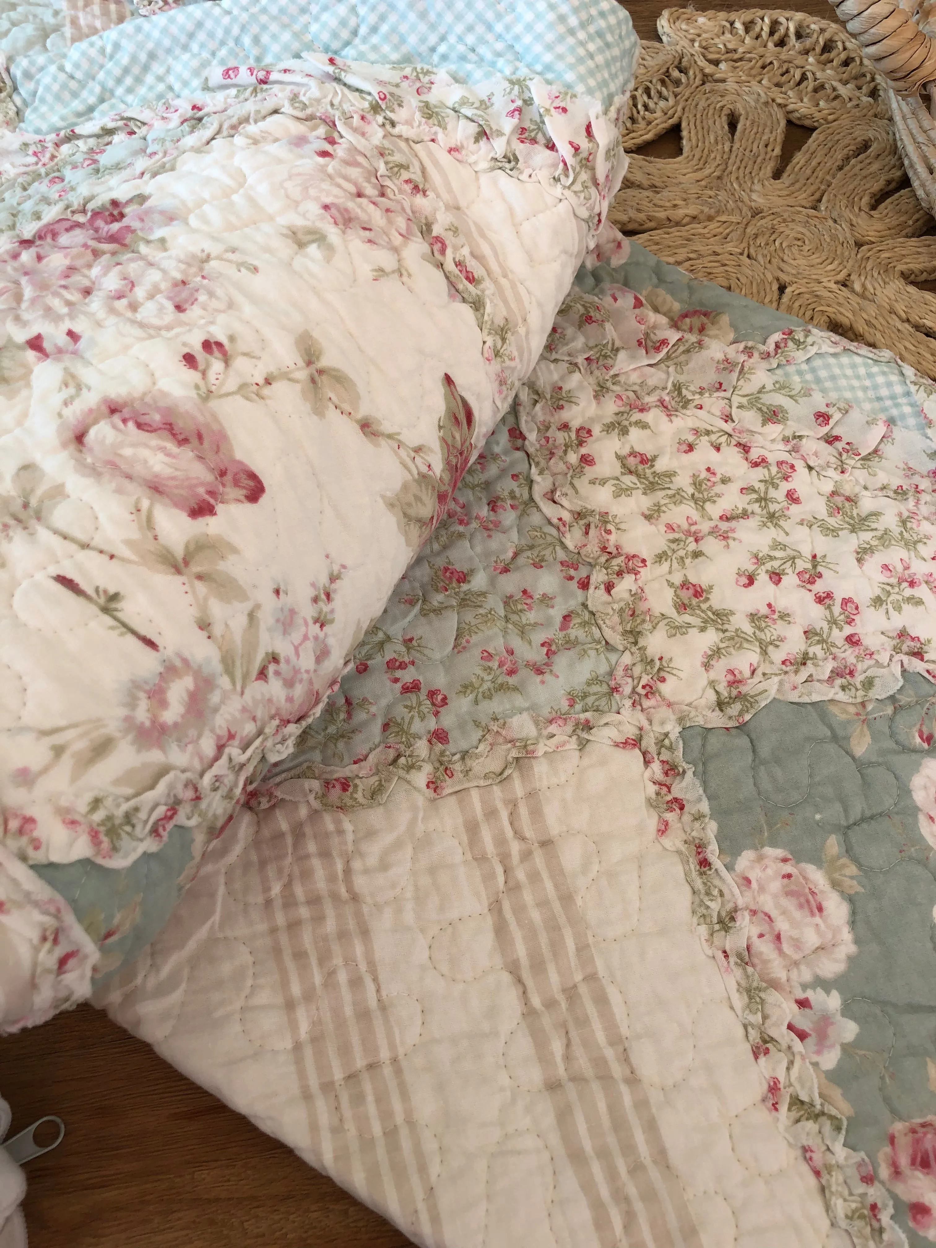 Floral Patchwork Country Charm Rose Ruffle Quilted Coverlet Bedcover Set Available in 4 Sizes