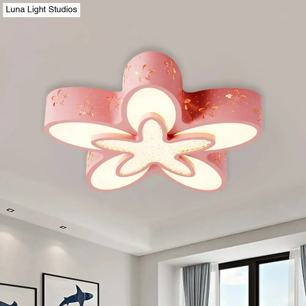 Flower-Shaped LED Cartoon Flush Ceiling Light for Kids' Bedrooms in Pink/Blue