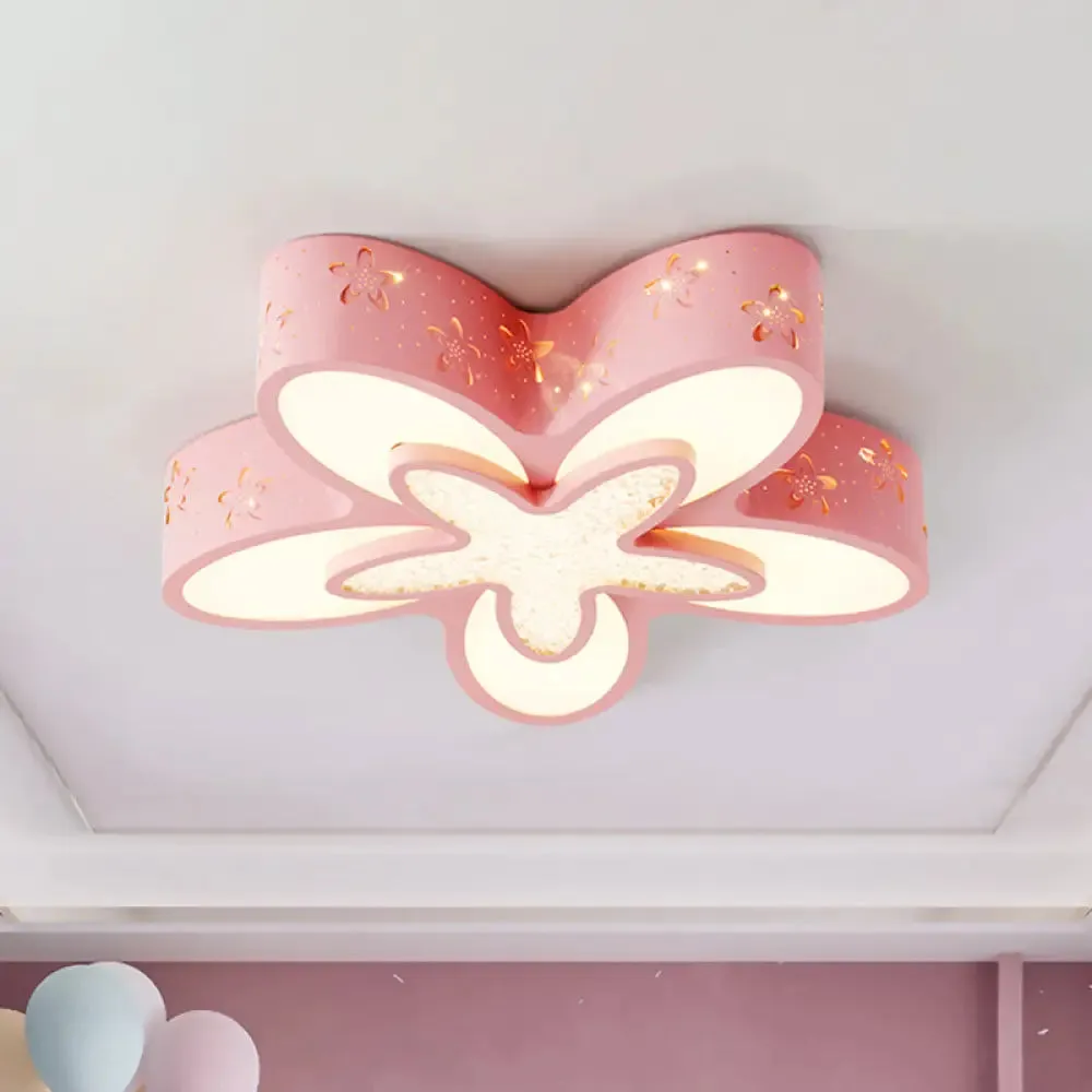 Flower-Shaped LED Cartoon Flush Ceiling Light for Kids' Bedrooms in Pink/Blue