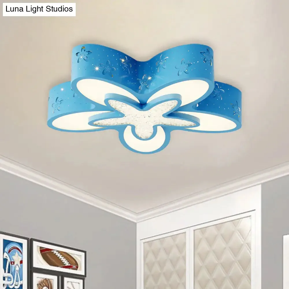 Flower-Shaped LED Cartoon Flush Ceiling Light for Kids' Bedrooms in Pink/Blue