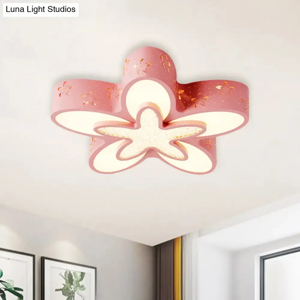 Flower-Shaped LED Cartoon Flush Ceiling Light for Kids' Bedrooms in Pink/Blue