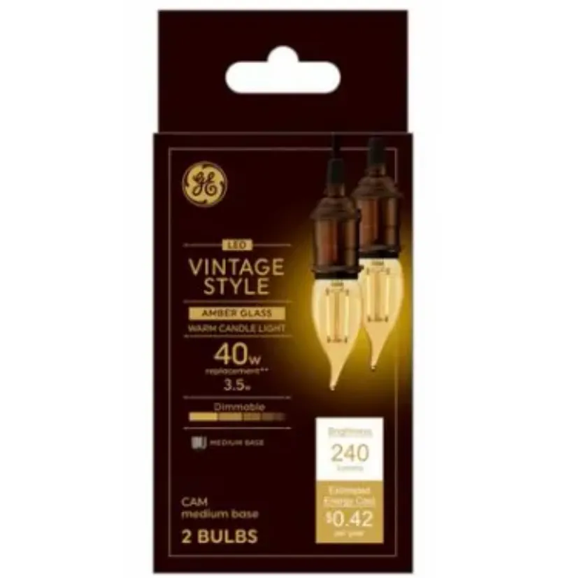 GE LED Vintage Amber Warm White Flame Tip Medium Base Light Bulbs – 40w -Equivalent– 2-Pk