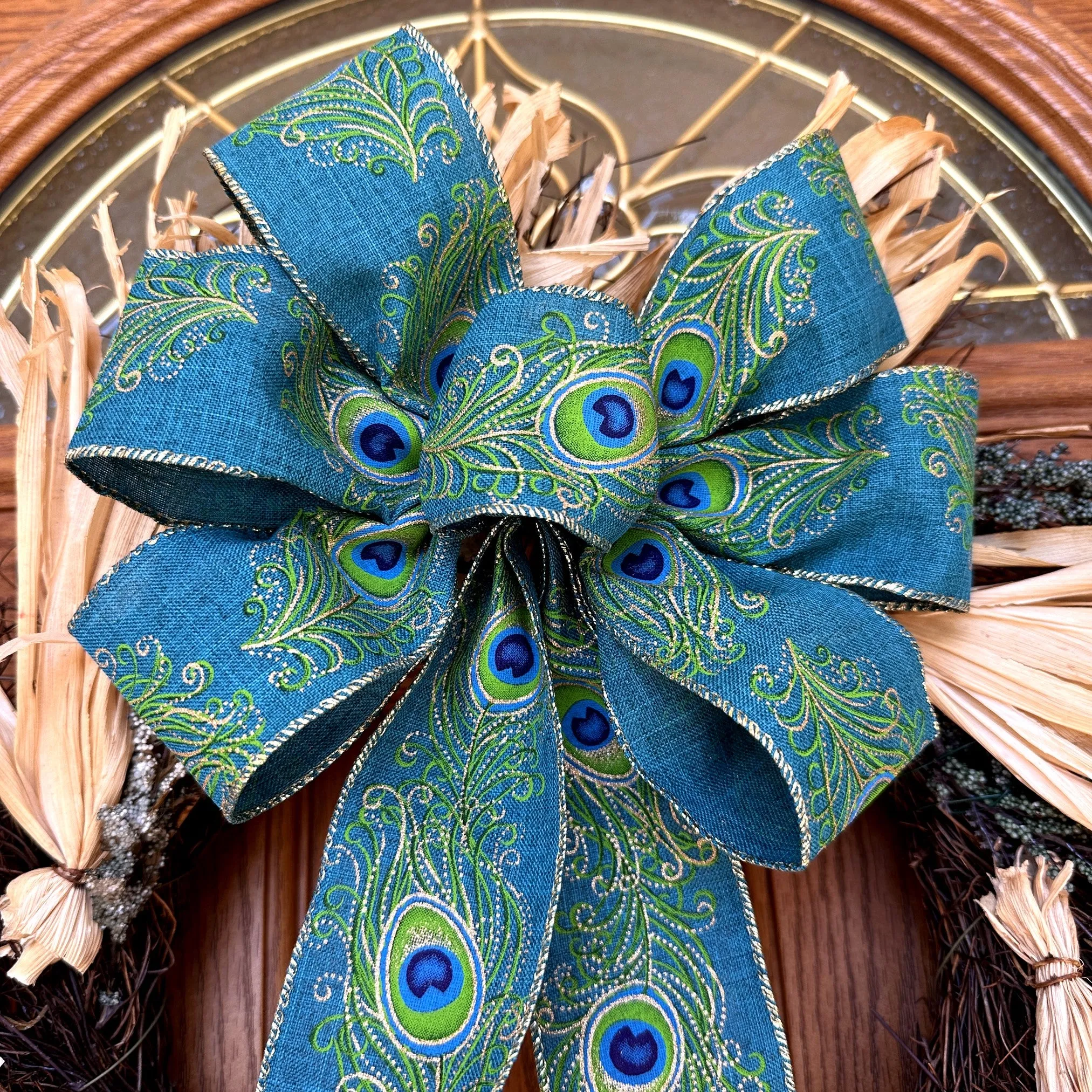 Gold Edge Peacock Wreath Bow - 10" Wide, 18" Long Pre-Tied Bow