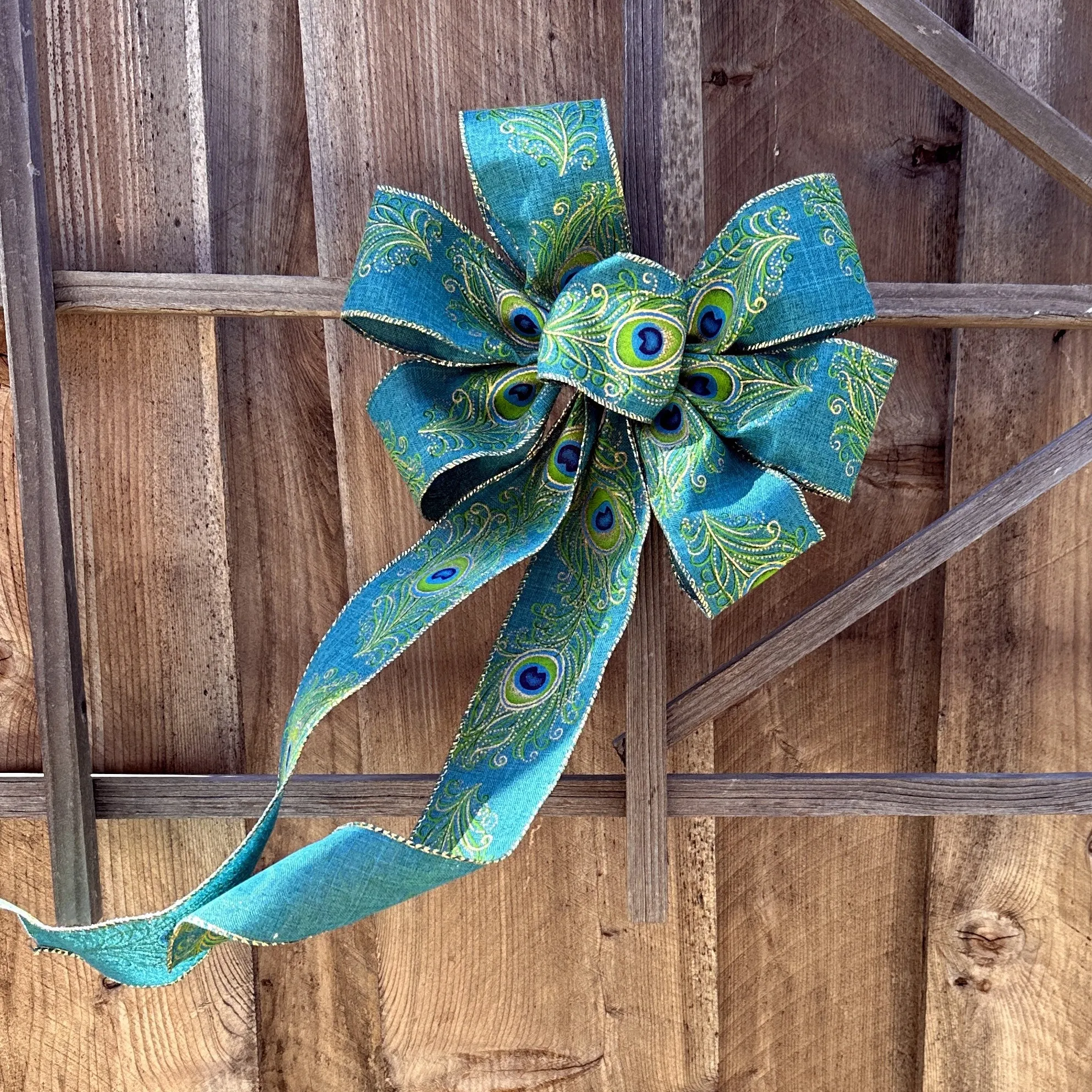 Gold Edge Peacock Wreath Bow - 10" Wide, 18" Long Pre-Tied Bow