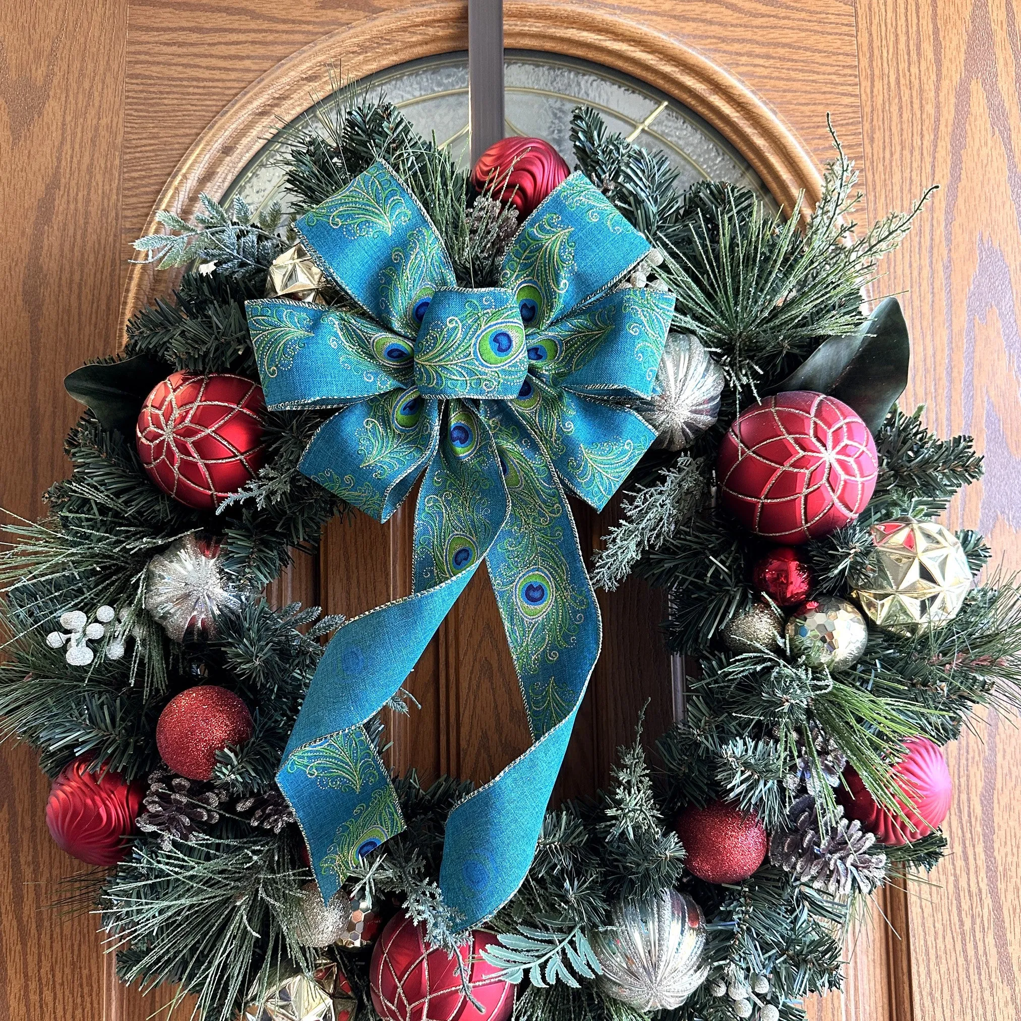 Gold Edge Peacock Wreath Bow - 10" Wide, 18" Long Pre-Tied Bow